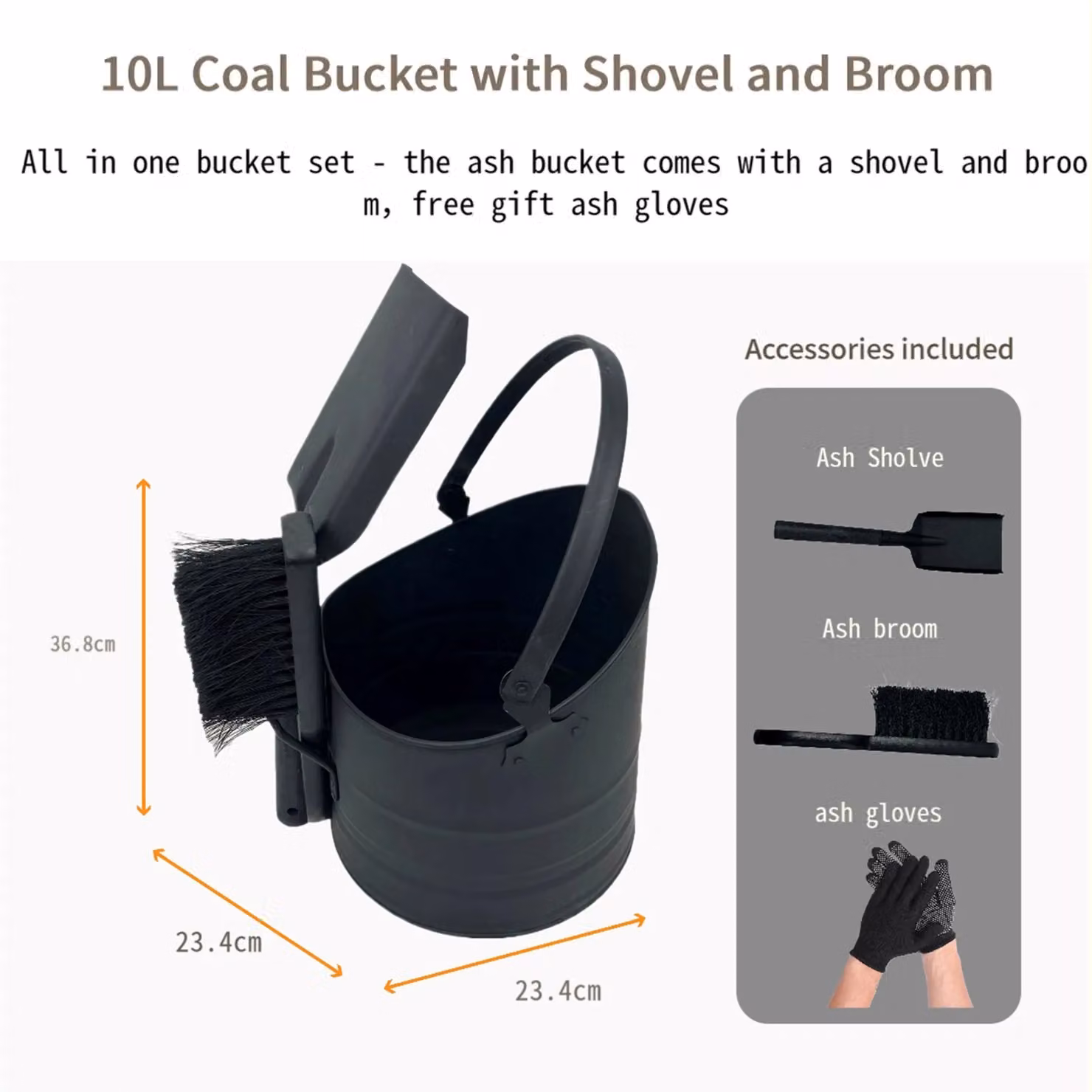 Gr8 Home Waterloo Style Metal Coal Scuttle Bucket and Fireside Cleaning Set with Shovel and Brush in Black, 10 Litre – 4