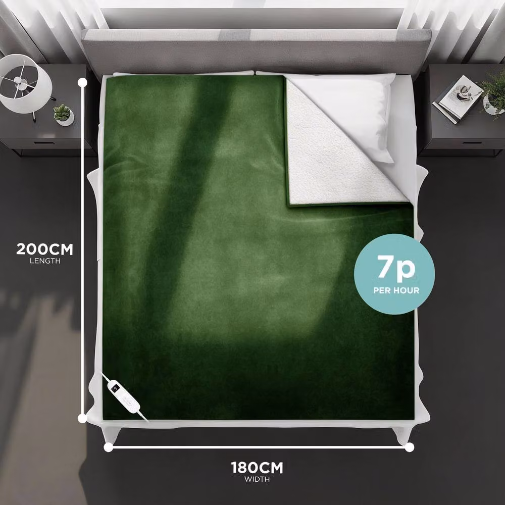 DMD Collective Green Fleece and Sherpa Electric Blanket Throw with 9 Heat and Timer Settings, W/D/H: 180 x 200 cm – 2