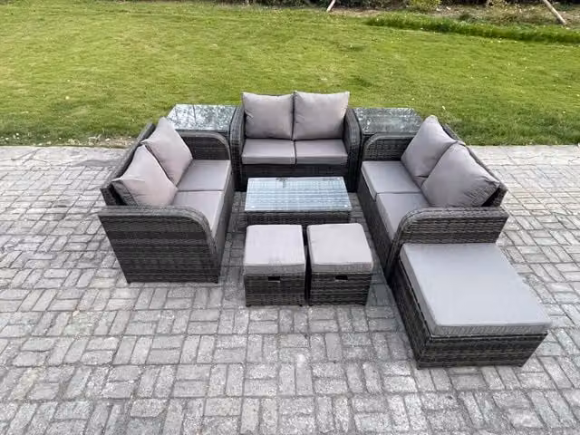 Fimous Dark Grey Wicker PE Rattan Garden Furniture Set with U-Shape Lounge Sofa, Coffee Table, 2 Side Tables and 3 Footstools