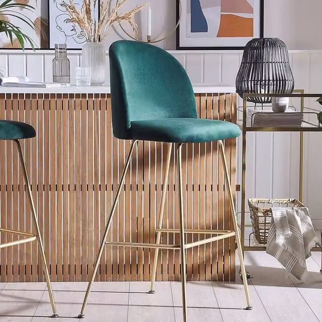 Wyld and Coco Set of 2 Green Velvet Counter-Height Bar Chairs with Gold Metal Legs