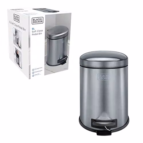 BLACK+DECKER 5L Dome Shaped Stainless Steel Pedal Bin with Soft Close Lid in Metallic Black – 3