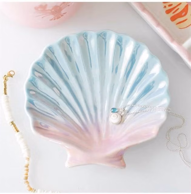KDMD Iridescent Seashell Ceramic Trinket Dish and Jewelry Holder in Blue