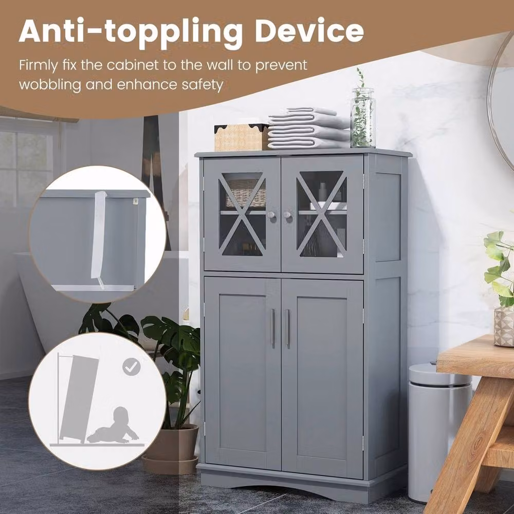 FORGEVIO Grey Freestanding Bathroom Linen Storage Cabinet with Glass Doors and Internal Shelves – 4
