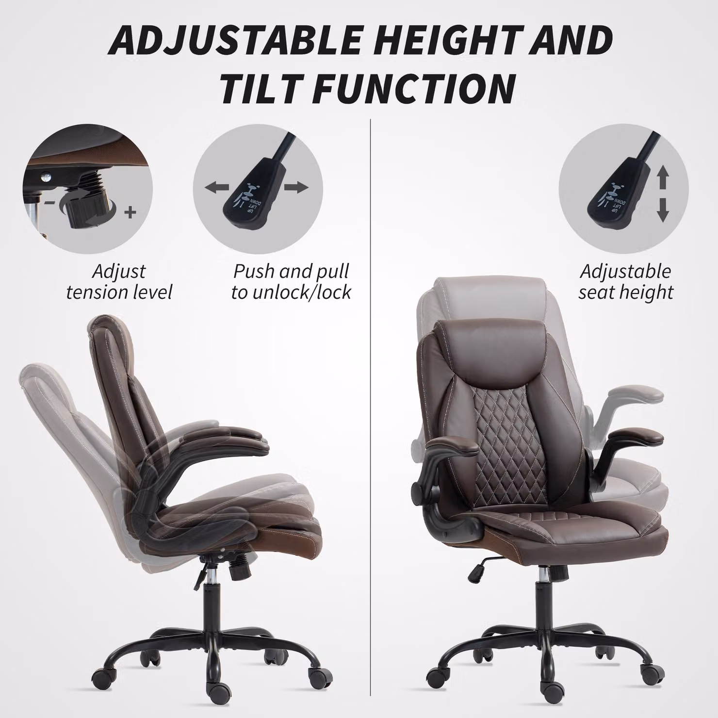 HOMCOM Brown Faux Leather Office Chair with Flip-Up Armrests and Headrest – 5