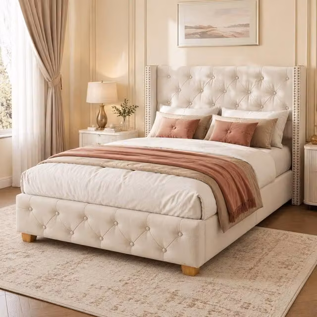 STILVORA Single Upholstered Bed in Beige, W/D/H: 90 x 190 cm