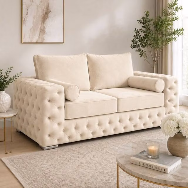 Stratus Interiors Ashley Tufted Chesterfield 2 Seater Fabric Living Room Sofa in Beige
