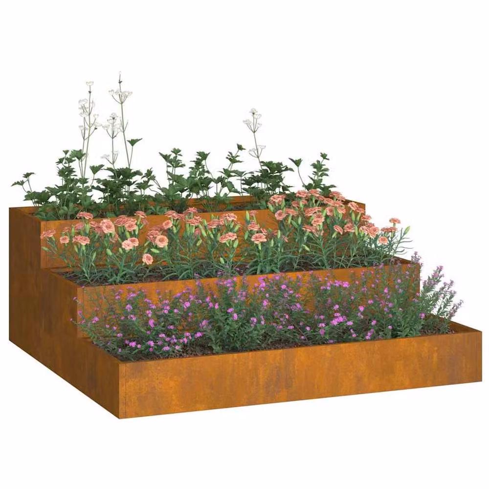Berkfield Home 3-Tier Weathering Steel Garden Planter, Brown, W/D/H: 90 x 90 x 35 cm – 2