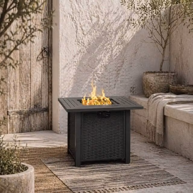 Wyld Haus Ellulo Black Square Propane Gas Fire Pit Table with Lid and Cover, W/D/H: 71 x 63 x 71 cm