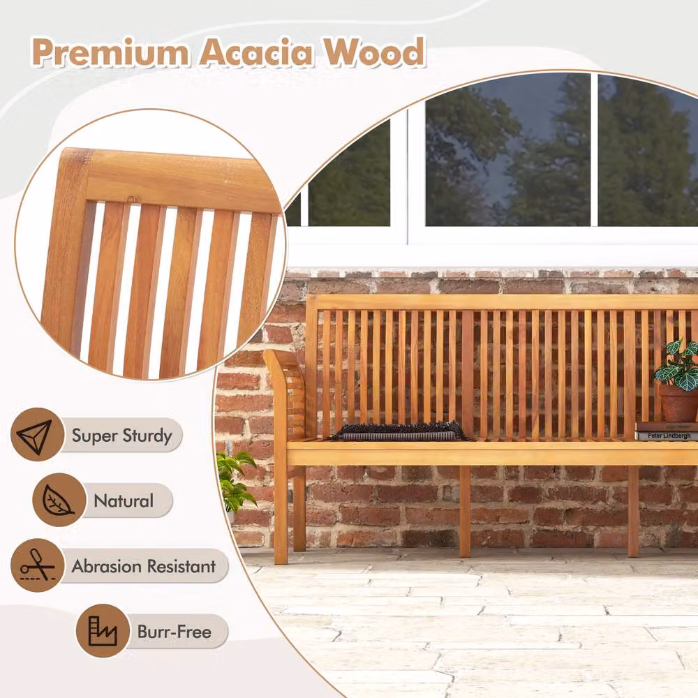 Costway 3-Person Acacia Wood Garden Bench with Armrests and White Polyester Seat Cushions, 159 cm Wide – 4