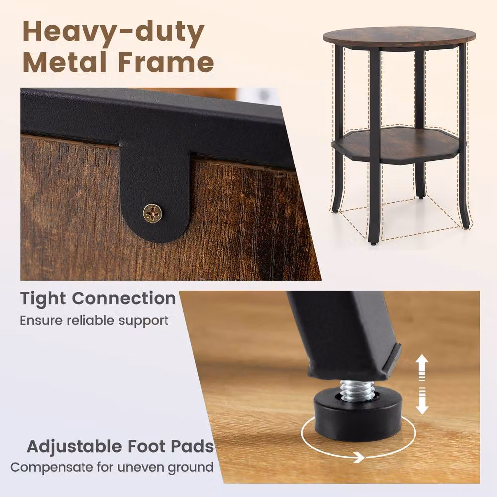 Costway 2-Tier Round Wooden Side Table with Storage Shelf in Brown – 5