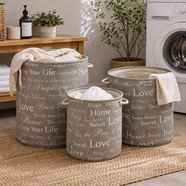 Orsina Set of Three English Words Round Canvas Laundry Hampers in Grey