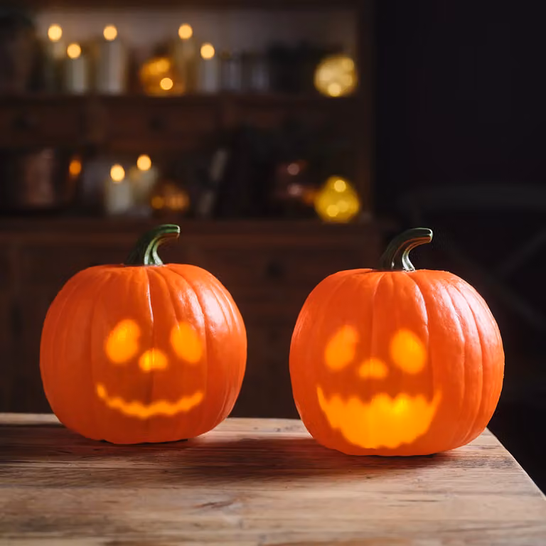 Lights4fun Set of 2 Orange Animated Talking Pumpkin Halloween Tabletop Decorations