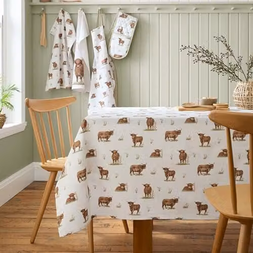 Catherine Lansfield Angus Highland Cow Cotton Tablecloth in Beige, W: 137 cm, L: 178 cm – 1