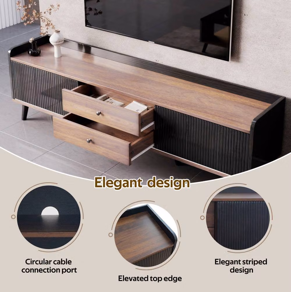 STILVORA Mid-Century TV Stand with Drawers and Sliding Doors in Black and Multicolour – 4
