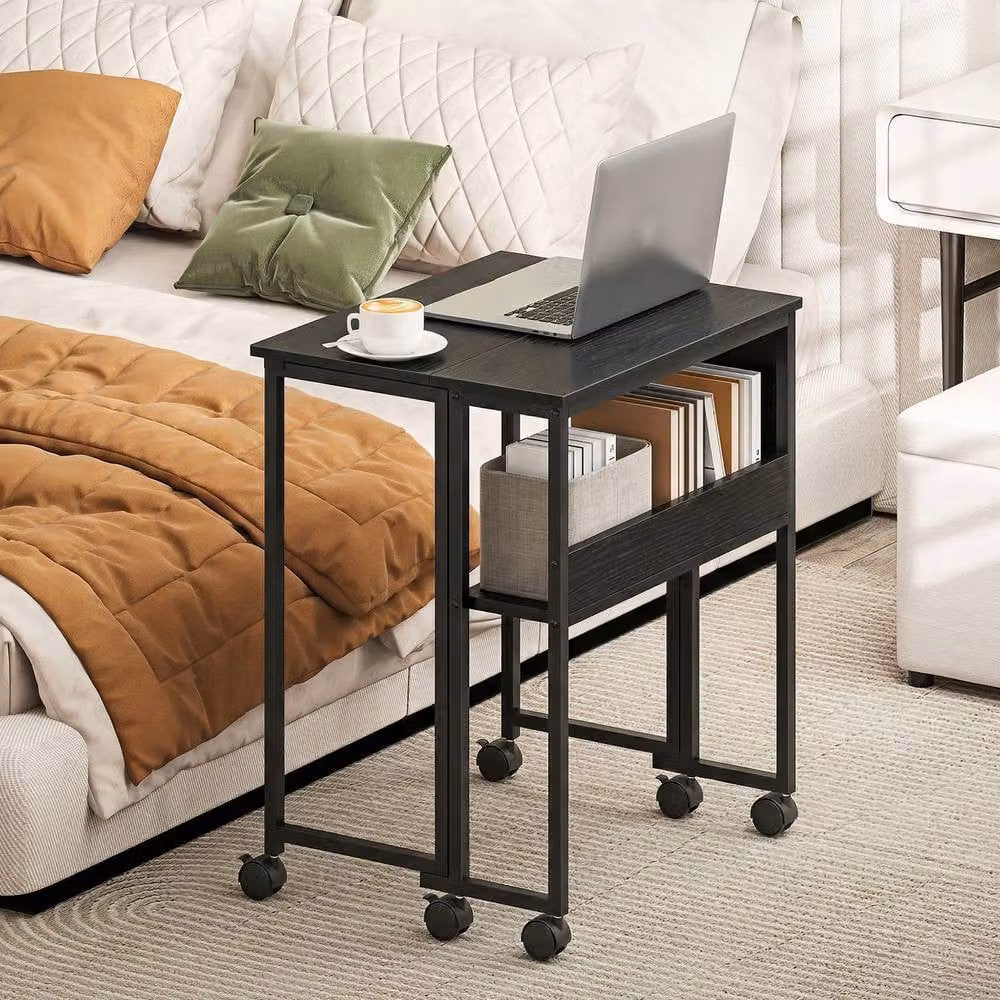 STILVORA Drop Leaf Desk with Shelf and Castors in Black – 8