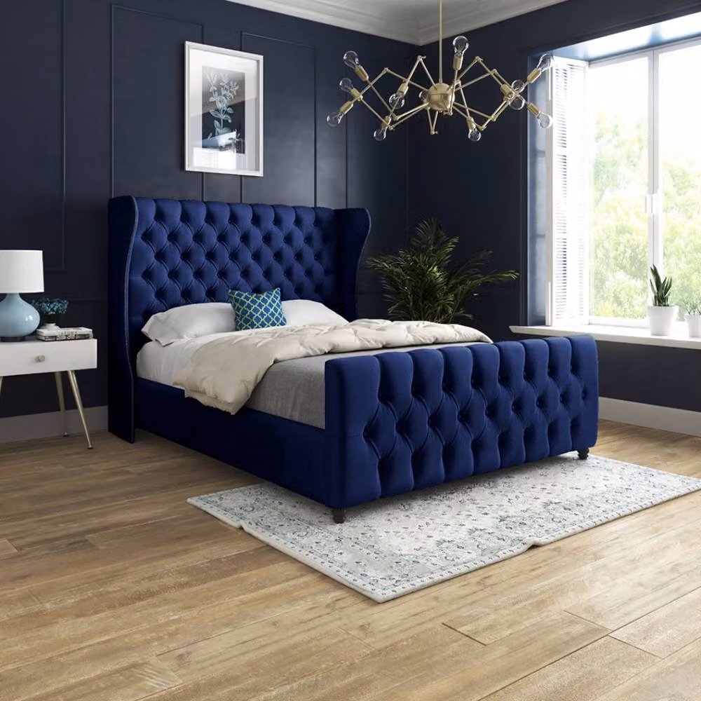 Casani Horley Double Upholstered Velvet Bed Frame in Blue, W: 140 cm, D: 200 cm, H: 137 cm – 2