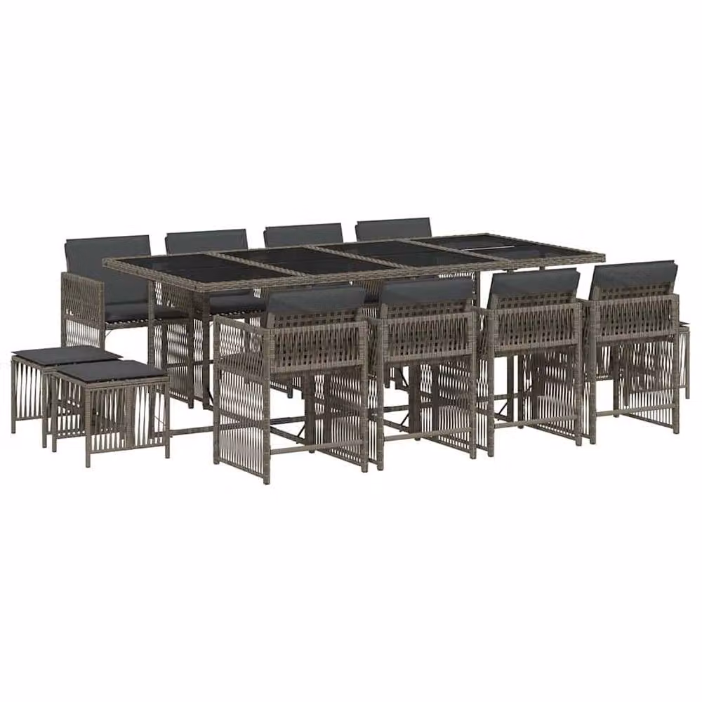 Berkfield Home 13 Piece Grey Poly Rattan Garden Dining Set with Cushions and Glass Tabletop – 2