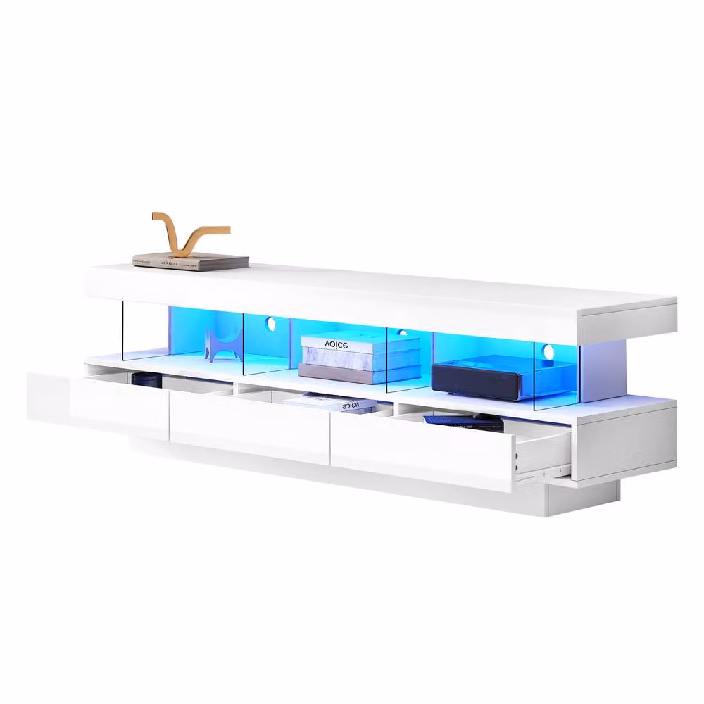 ModernLuxe High Gloss White TV Cabinet with Integrated LED Lighting, 3 Drawers and Open Storage – 3