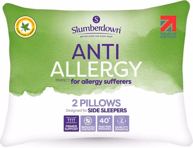 Slumberdown Anti Allergy Firm Side Sleeper Pillow, White, Pack of 2