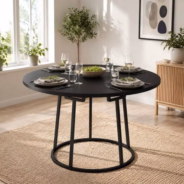 STILVORA Round Dining Table with Black Metal Base, Diameter: 120 cm