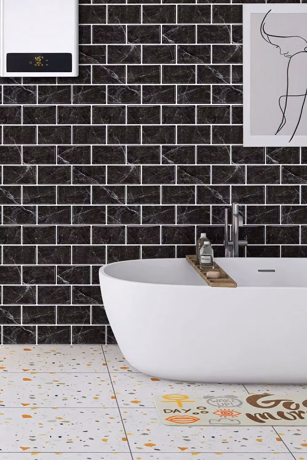 Living and Home 10 Pcs Black Marquina Marble 3D Peel and Stick Subway Wall Tile Stickers – 2