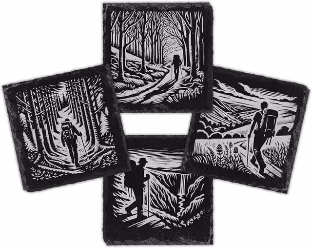 Bad Zebedee Hiking Scenes Engraved Natural Slate Coasters, Black, 4 Pack – 1