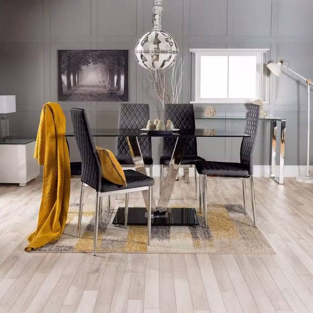 FurnitureboxUK Florini Black Glass and Chrome Metal Dining Table and 6 Milan Dining Chairs Set