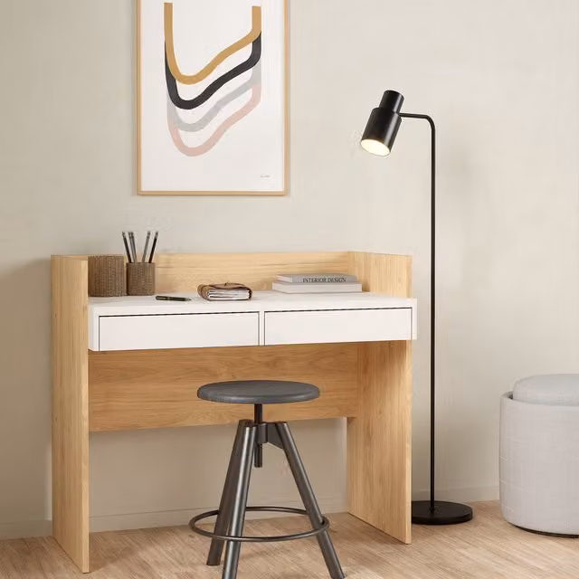 Furniture To Go Function Plus Writing Desk with 2 Drawers in Jackson Hickory and White