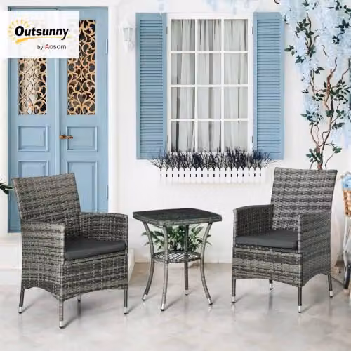 Outsunny 3 Piece Rattan Bistro Set with Glass Top Table and Chairs in Anthracite Grey – 2