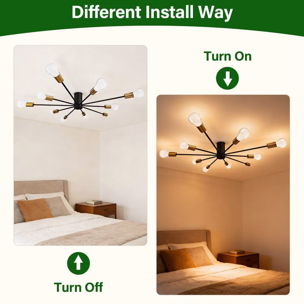 INMTFEI Black and Gold 10-Light Modern Sputnik Flush Mount Ceiling Chandelier – 4