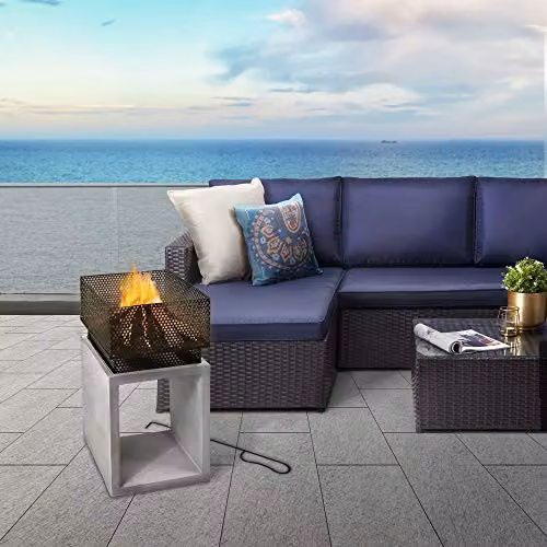 Teamson Home Metal and Concrete Chiminea Outdoor Fire Pit with Poker and Storage, Grey/Black, H: 72 cm, W: 35 cm, D: 35 cm – 3
