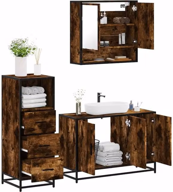 Berkfield Home 3 Piece Industrial Bathroom Furniture Set in Brown Smoked Oak