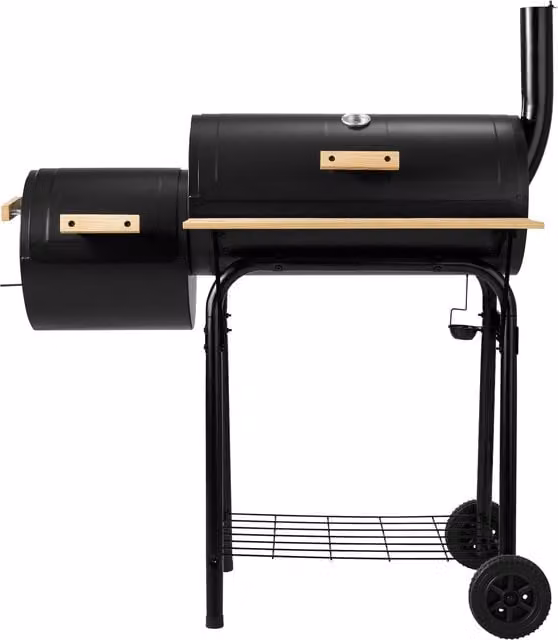 TECTAKE Black Charcoal Offset BBQ with Temperature Display and Cart