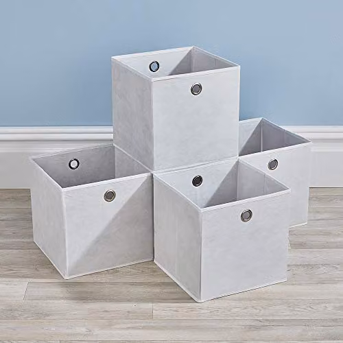 Home Source 4-Piece Foldable Fabric Storage Cube Set with Handles in Beige and White, W/D/H: 27.0 x 27.0 x 27.0 cm – 2