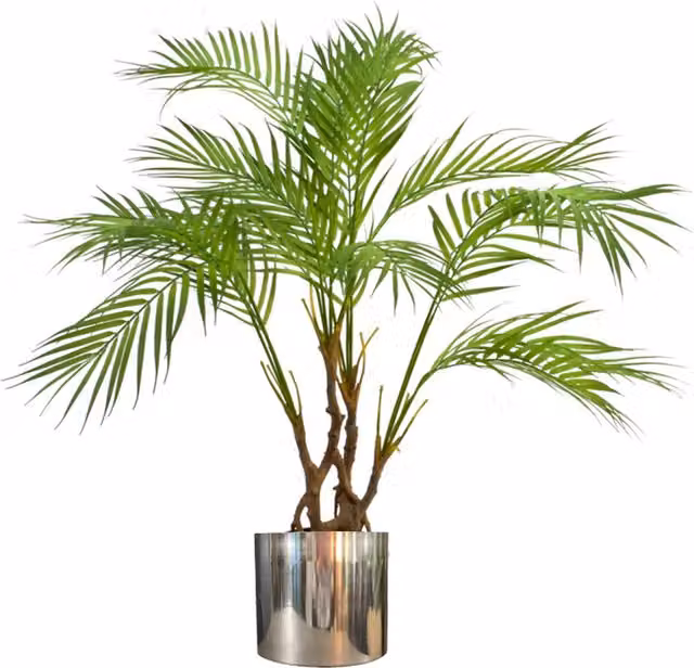 Realistic Artificial Areca Palm Plant with Silver Metal Planter, Green, H 90 x W 70 x D 60 cm – 1