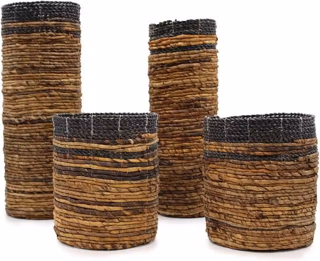 KDMD Banana Leaf Set with 2 Vases and 2 Bins in Brown Open Weave – 1