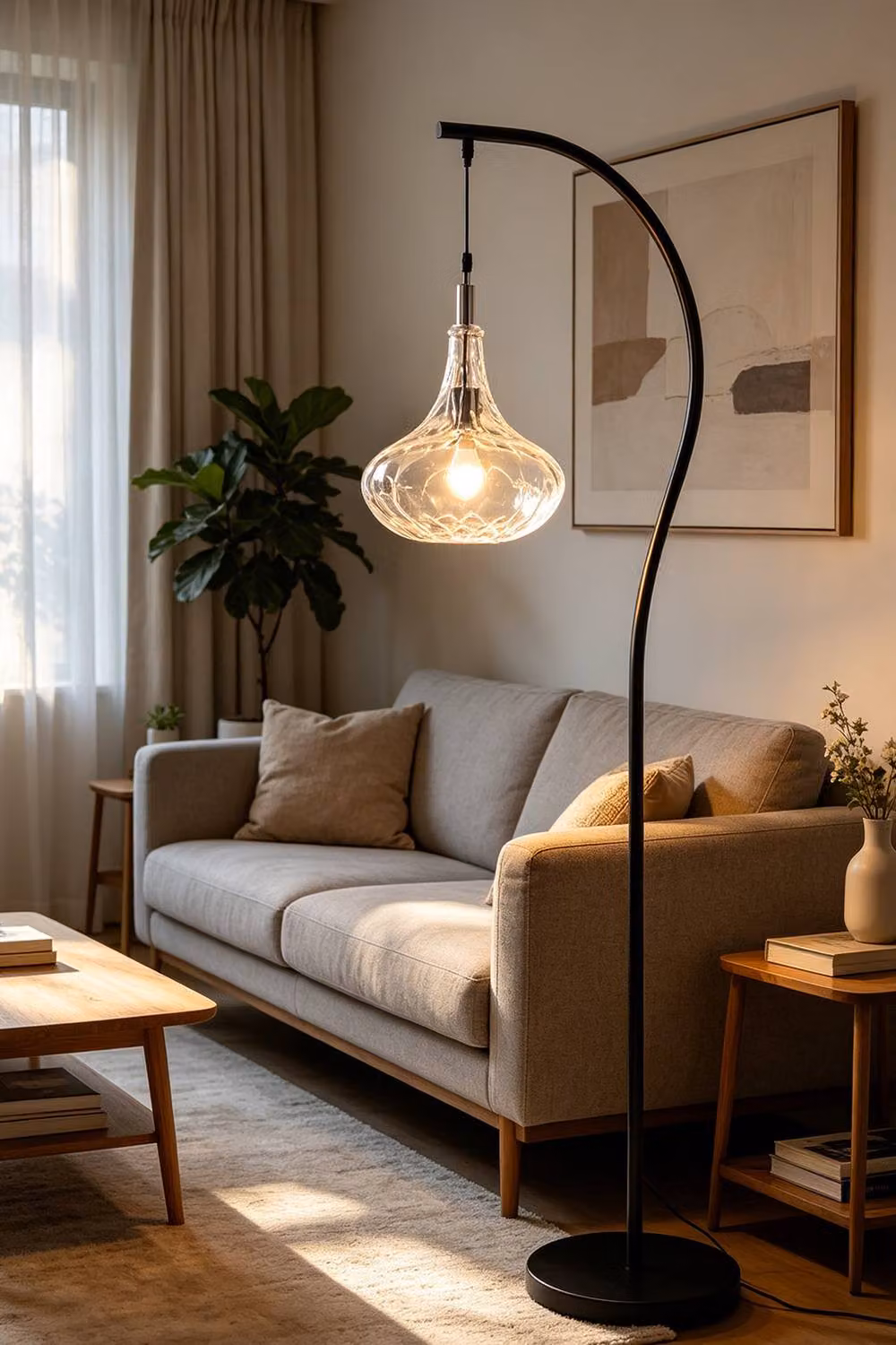 Living and Home Black Curved Arch Floor Lamp with Transparent Textured Glass Shade – 2