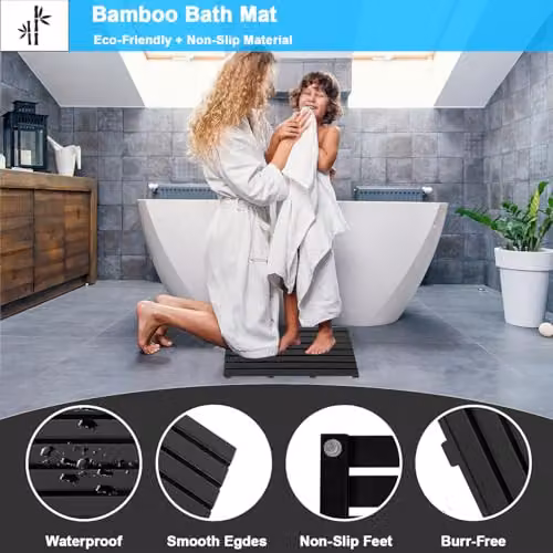 MantraRaj Bamboo Duckboard Anti-Slip Bath Mat, Black, W: 60.0 cm, D: 35.0 cm, H: 3.0 cm – 3