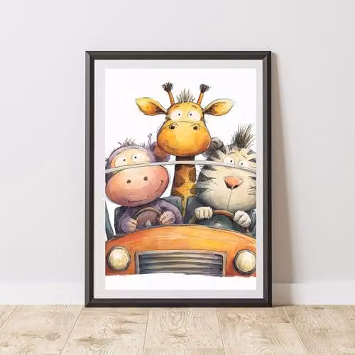 60 Second Makeover Safari Animals In A Car Illustration Wall Art Poster, Multicolour, A3