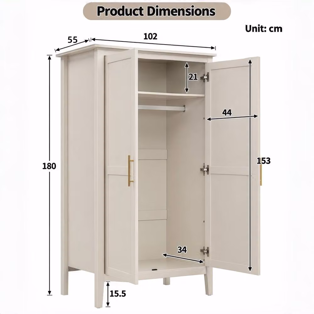 Merax 2 Door Double Freestanding Wardrobe with Hanging Rail and Open Shelf in Beige and Gold, H 180 x W 102 x D 55 cm – 3