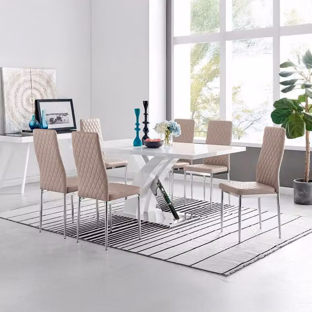 FurnitureboxUK Atlanta Modern Rectangular High Gloss White Dining Table and 6 Milan Chairs Set in Beige