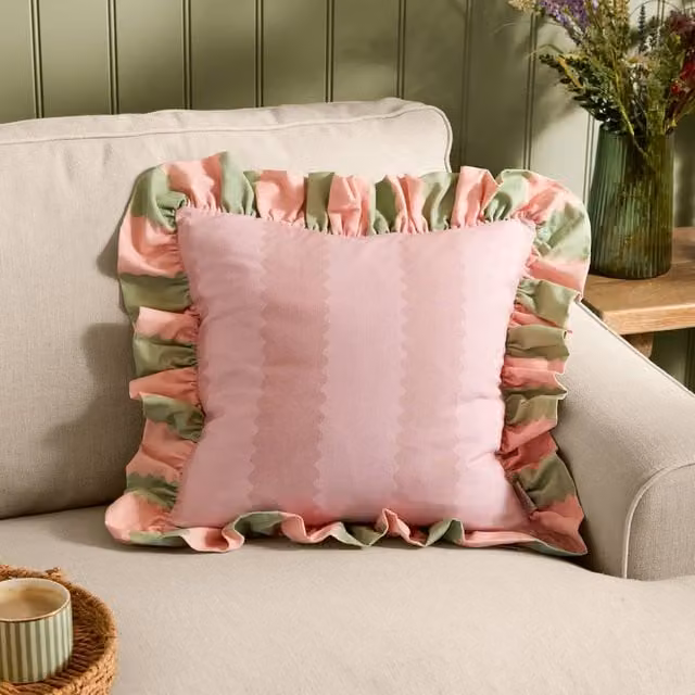 Wylder Birdie Stripe Ruffle Cotton Decorative Cushion, Pink and Green, W/D/H: 45 x 45 x 45 cm