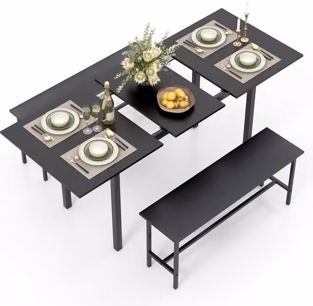 Costway 3-Piece Modern Rectangular Dining Table and Bench Set in Black