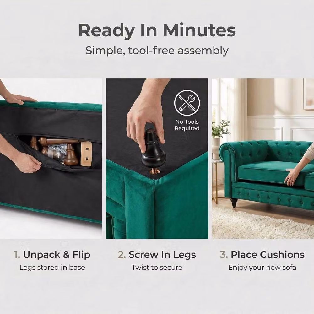 Bravich LTD Chesterfield Scroll Arm Velvet Sofa in Green – 7