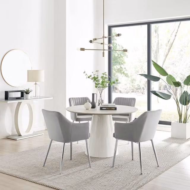 Furniturebox Palma Beige Stone Effect Round Dining Table and 4 Calla Silver Leg Chairs in Grey