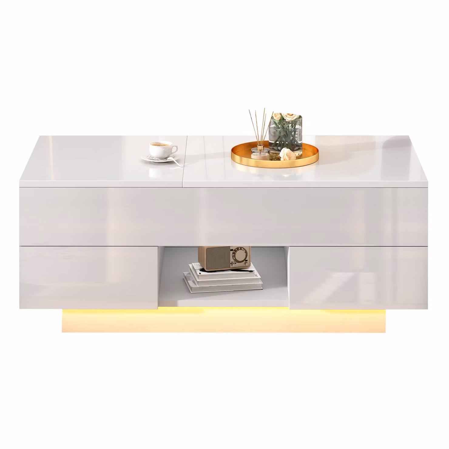 Aosom UK White High-Gloss Lift-Top Coffee Table with App-Controlled RGB LED Lights and Hidden Compartment, W: 100 cm, D: 45 cm, H: 43 cm – 2