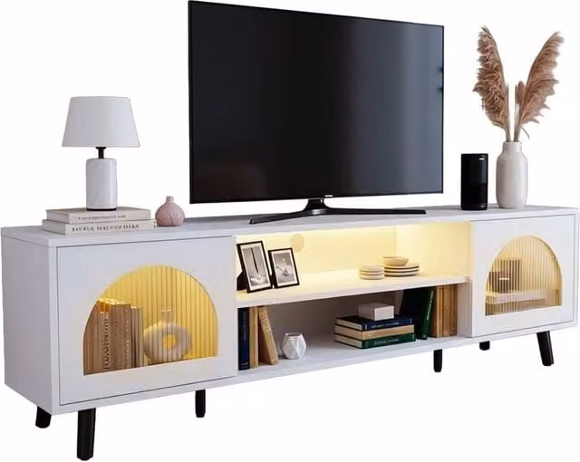 KORVIXA White Modern TV Stand Cabinet with 2 Glass Doors and Integrated Lighting W/D/H: 100 x 47 x 160 cm – 1