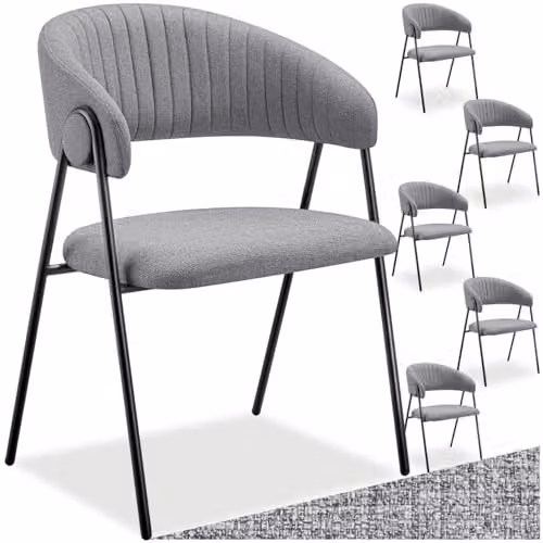tectake Bedano Set of 6 Dining Chairs in Grey with Fabric Upholstery and Metal Legs