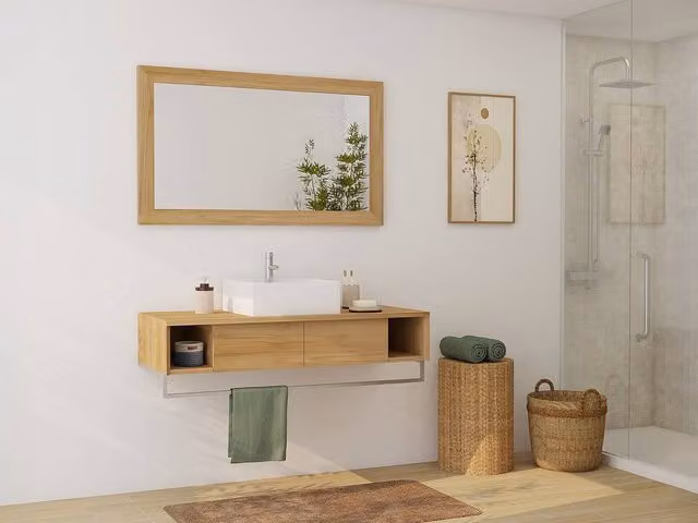 Vente-unique Wall-Mounted Teak Bathroom Vanity Unit with Towel Rail in Light Oak