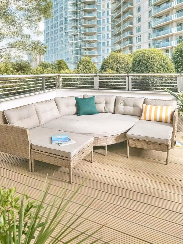 Cheap Furniture Warehouse Sahara 8-Piece Multi Position L-Shape Corner Garden Furniture Set with Beige Upholstered Olefin Cushions and Powder Coated Steel Frame